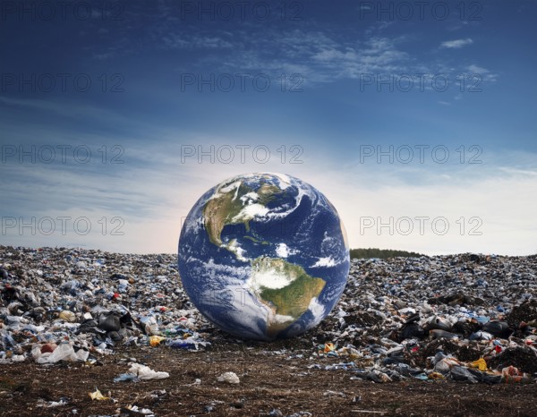 Visually striking scene depicting Earth placed amidst a landfill, illustrating environmental