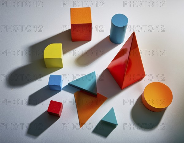 Vividly colored geometric shapes, including spheres and pyramids, artfully arranged on a surface.