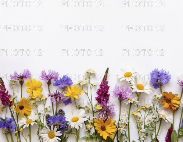 Beautiful arrangement of multiple vibrant wildflowers laid on a clean white surface, perfect for