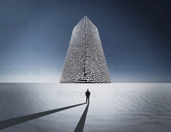 A lone individual stands at the edge of a large circular maze, contemplating choices and challenges