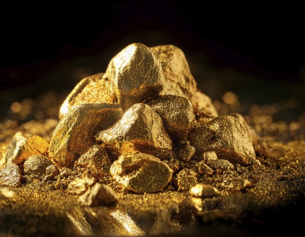 Close-up view of a pile of golden nuggets with a reflective surface, showcasing their natural