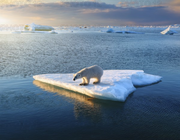 Polar bear is perched on a floating piece of iceberg, surrounded by vast blue waters and under a