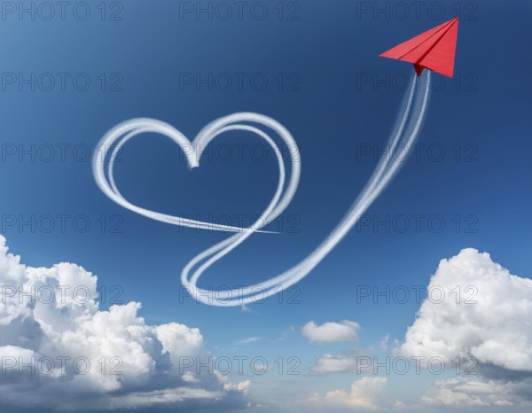 A red paper airplane depicted in flight with an artistic heart-shaped trail. The blue sky