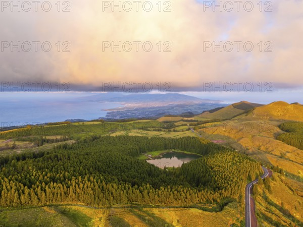 Hills, Forest and Lagoon Canario at Sunset. Atlantic Ocean. Azores, Sao Miguel Island, Portugal.