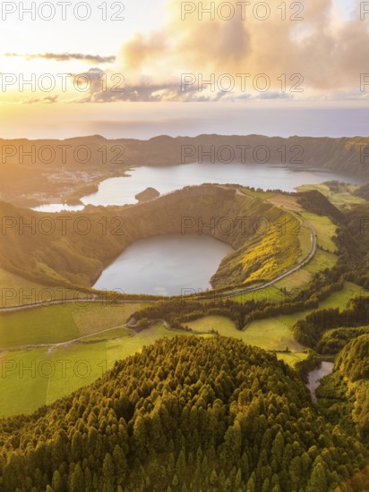 Sete Cidades Massif at Sunset. Blue Lake and Santiago Lake. Forest and Hills. Azores, Sao Miguel