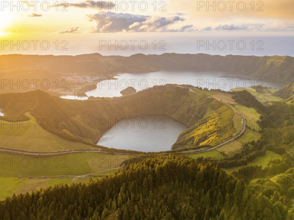 Sete Cidades Caldera at Sunset. Blue Lake and Santiago Lake. Forest and Hills. Azores, Sao Miguel