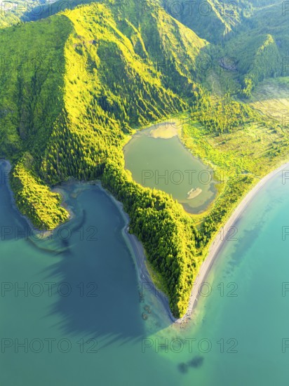 Lagoa do Fogo Lake on Sunny Morning. Green Lush Hills with Trees. Azores, Sao Miguel Island.