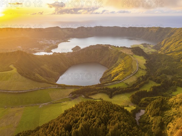 Sete Cidades Massif at Sunset. Blue Lake and Santiago Lake. Forest and Hills. Azores, Sao Miguel