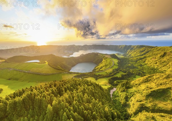Panorama of Sete Cidades Caldera at Sunset. Blue Lake, Lake Rasa and Santiago Lake. Forest and