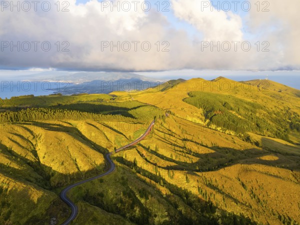 Green Forest Hills at Sunset with Pastureland. Atlantic Ocean. Azores, Sao Miguel Island, Portugal.