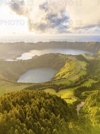 Sete Cidades Massif on Sunny Evening. Blue Lake and Santiago Lake. Forest and Hills with