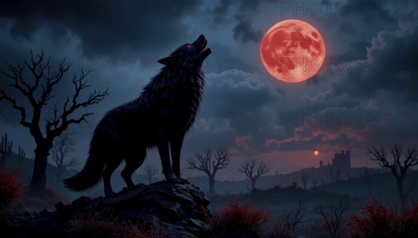 A black wolf stands atop a rock, silhouetted against a dramatic night sky with a large red moon.