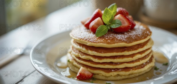 A delicious stack of pancakes is beautifully presented with fresh strawberries, mint leaves, and