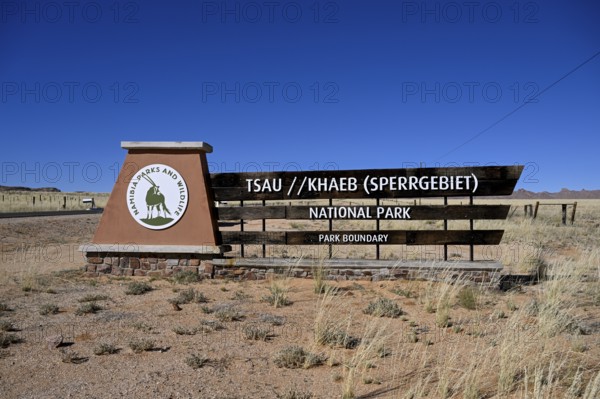 Sign at the entrance to Tsau//Khaeb National Park, diamond restricted area, near Aus, Karas Region,