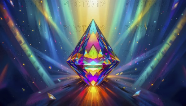 A stunning, radiant diamond is the focal point, surrounded by a mesmerizing display of colorful