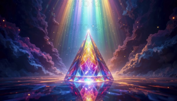 A vibrant, geometric pyramid glows with internal light, surrounded by colorful clouds and beams of