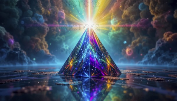 A vibrant, glowing pyramid radiates light in a surreal, colorful landscape with celestial clouds