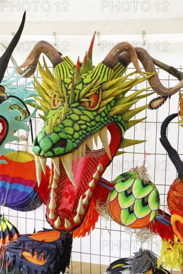 Kite festival, international kite festival, exhibition tent with Asian-style kite head, Dieppe,