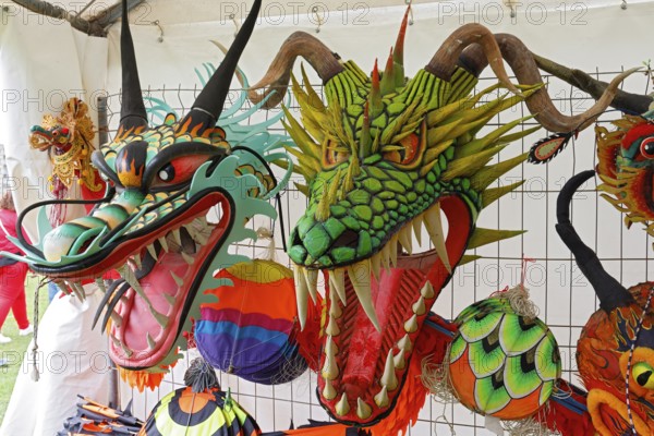 Kite festival, international kite festival, exhibition tent with Asian-style kite heads, Dieppe,