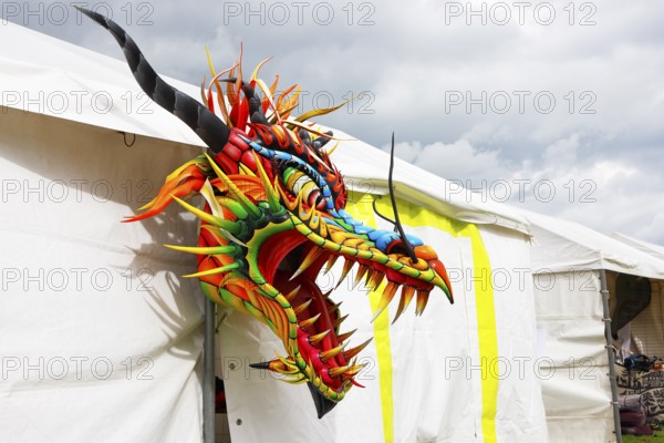 Kite festival, international kite festival, exhibition tent with Asian-style kite head, Dieppe,