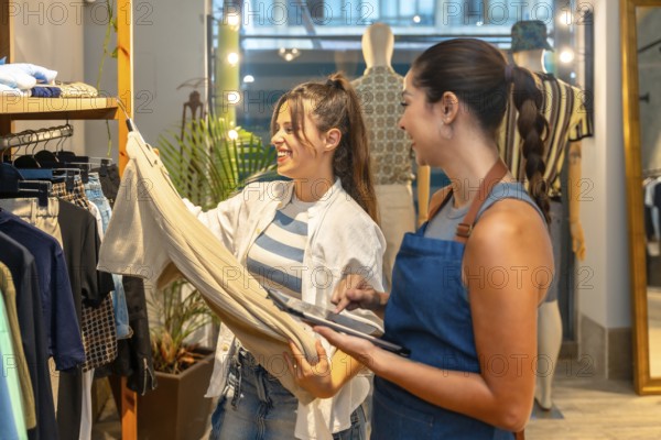 Smiling shop assistant holding tablet and showing trousers information to a happy customer in a