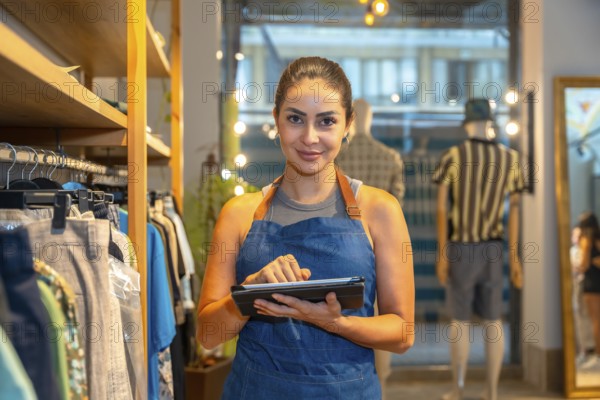 Confident saleswoman using digital tablet, managing inventory and sales in a modern clothing store,