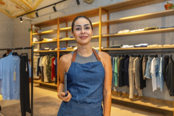 Portrait of a young saleswoman smiling and holding a tablet, working in a modern clothing store,