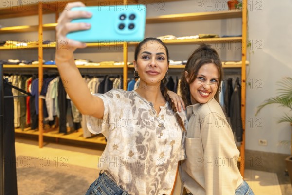 Two cheerful female customers are taking a selfie with a smartphone in a fashion store, trying on