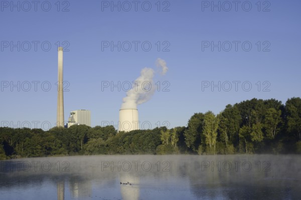 Beversee nature reserve and coal-fired power station in Bergkamen-Heil, Bergkamen, North