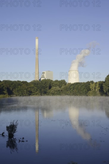 Beversee nature reserve and coal-fired power station in Bergkamen-Heil, Bergkamen, North