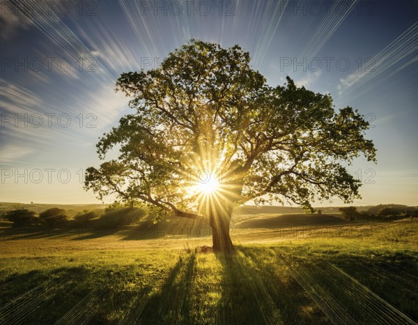 An awe-inspiring scene showcasing the sun's rays bursting through a solitary tree, illuminating a