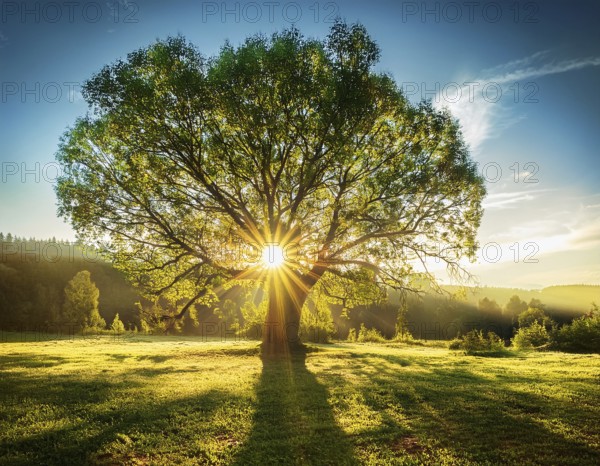 An awe-inspiring scene showcasing the sun's rays bursting through a solitary tree, illuminating a