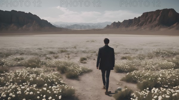 Man standing on dry cracked clay crust in desolate desert. Climate change and global warming. AI