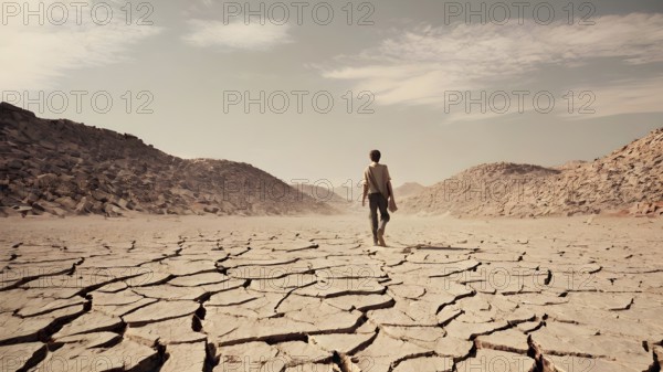 Man standing on dry cracked clay crust in desolate desert. Climate change and global warming. AI
