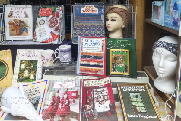 Shop window display books materials for stitching and smocking, Make Do And Mend shop, The Brittox,