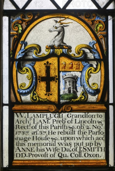 Historic stained glass window, Lamplugh memorial inside St Mary's church, Alton Barnes, Vale of