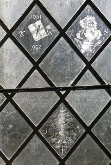 Glass engraved memorial panes, St Mary's church, Alton Barnes, Wiltshire, England, UK designed by