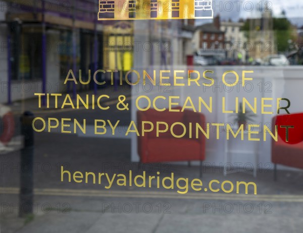 Sign on glass entrance door Henry Aldridge auctioneers of Titanic and Ocean Liner memorabilia,