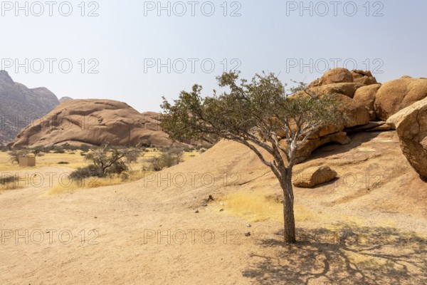 Granite peaks and rugged desert landscape at Spitzkoppe Community Campsite, Namibia. Golden