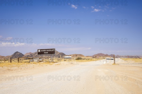Entrance gate of Namib-Naukluft Park in Namibia - 27 August, 2025: with mountains in the background