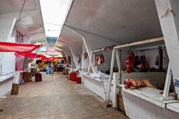 Covered market area with various stalls and an aisle in the centre, The meat market in the market