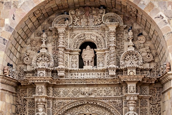 Detailed stone decorations and reliefs on a historic building, The churches of the city of Potosi