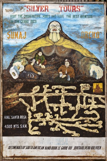 A colourful poster advertising a mountain tour in the Cerro Rico, poster of the silver mountain