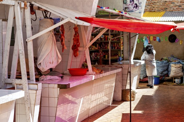 Market stall with meat on display, under a red sunshade, woman in the background, bright sunny day,