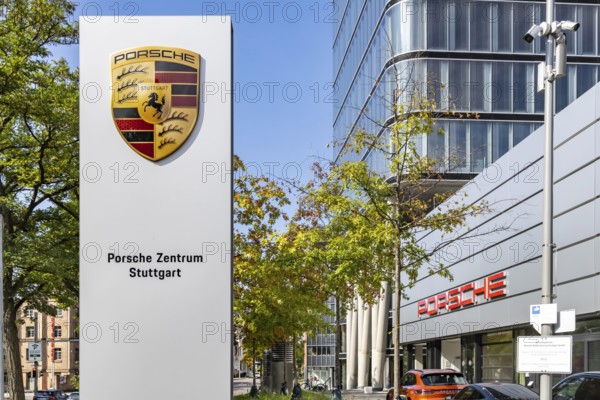 Porsche Centre Autohaus am Pragsattel. Porsche Design Tower skyscraper. Logo on a stele. Stuttgart,