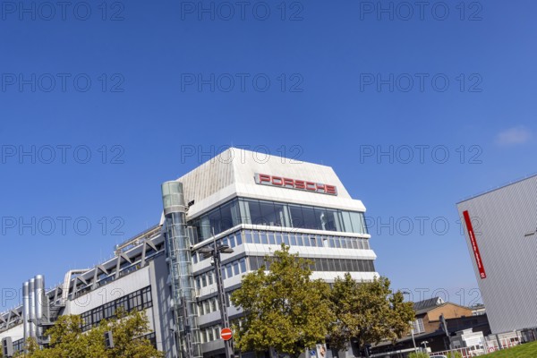 Porscheplatz in Stuttgart Zuffenhausen. Porsche headquarters with company logo. Stuttgart,