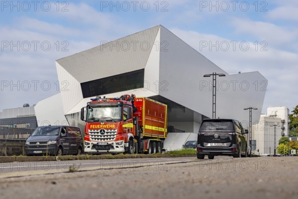 Porsche Museum Stuttgart, rear view. Vehicle of the Bosch plant fire brigade. Stuttgart,