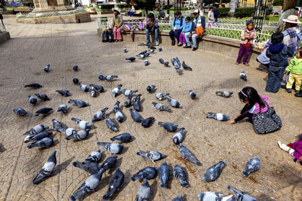 Lots of pigeons in an open square, children playing next to them, people nearby, The urban pigeons