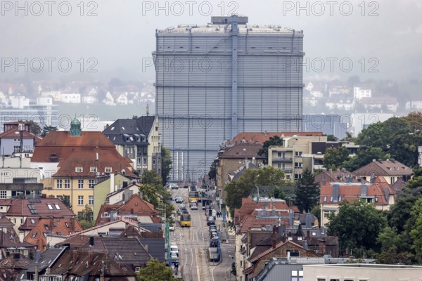 City view of Stuttgart. Hackstraße with gas boiler. and light rail vehicles of the SSB. Stuttgart,