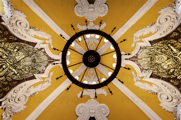 Moscow, underground, ceiling, palace, chandelier, art, symmetry, architecture, tsarist era